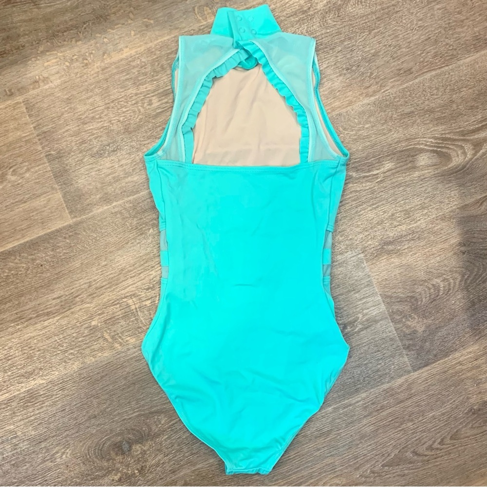 🩰 Balera Mock Neck Ruffle Detail Mesh Insert Leotard For Dance X Small Aqua 🩰 - Picture 5 of 11